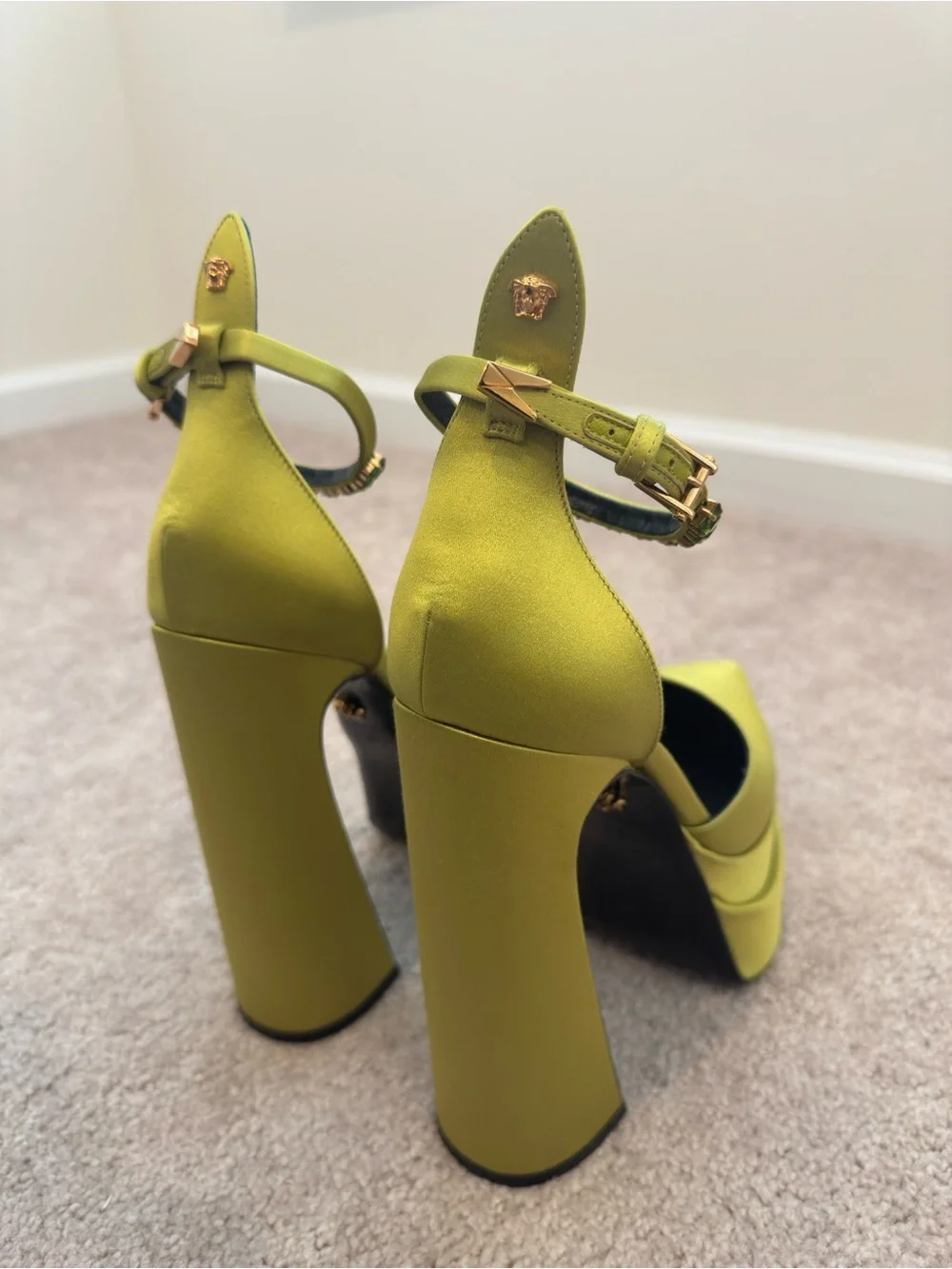 Versace Olive Green Platform Ankle-Strap Pumps with Embellished Buckle